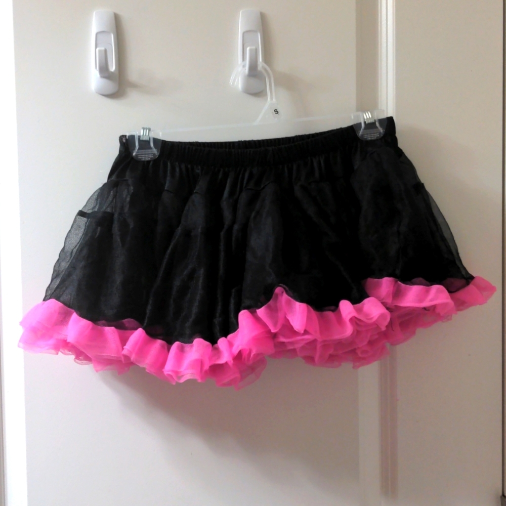 S Pink Trim Black Ruffle Mini Petticoat Lolita Crinoline Tutu Hot Topic Costume